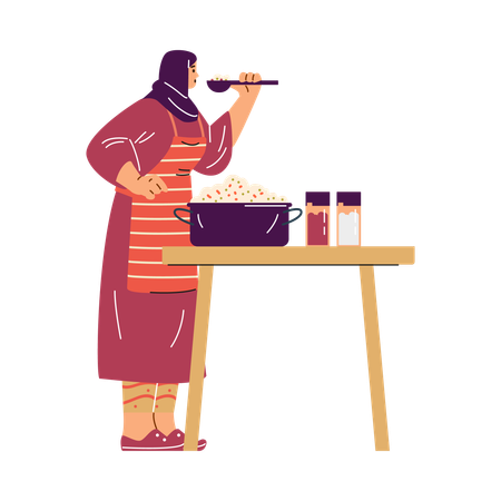 Une femme musulmane utilise une cuillère pour goûter le pilaf préparé pour les fêtes  Illustration