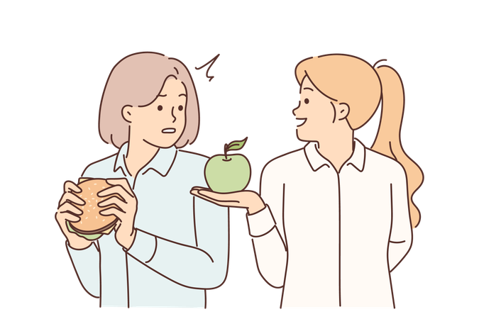 Une nutritionniste offre une pomme à une fille qui mange de la restauration rapide à haute teneur en cholestérol et en graisses  Illustration