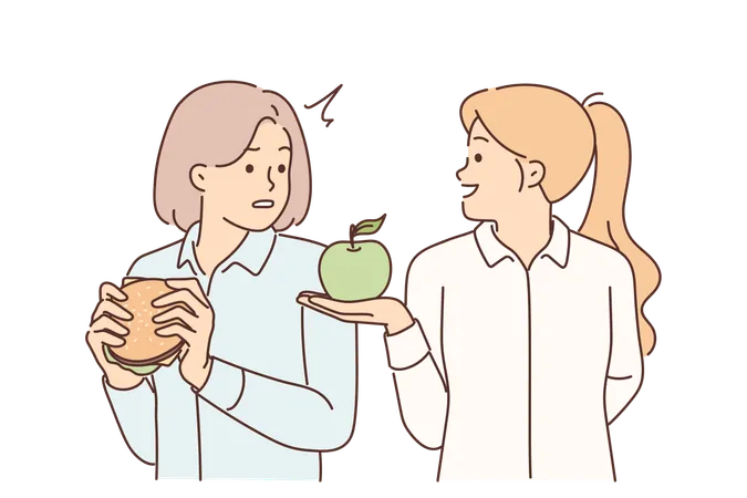 Une nutritionniste offre une pomme à une fille qui mange de la restauration rapide à haute teneur en cholestérol et en graisses  Illustration