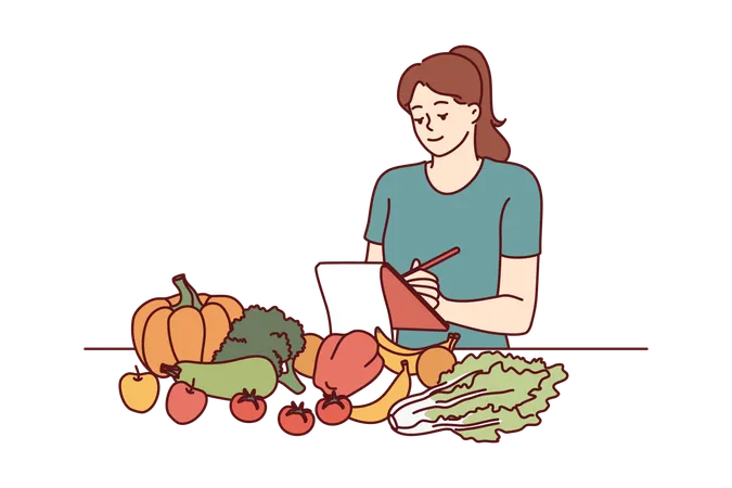 Une nutritionniste se tient près d'une table avec des légumes et prend des notes dans un carnet  Illustration