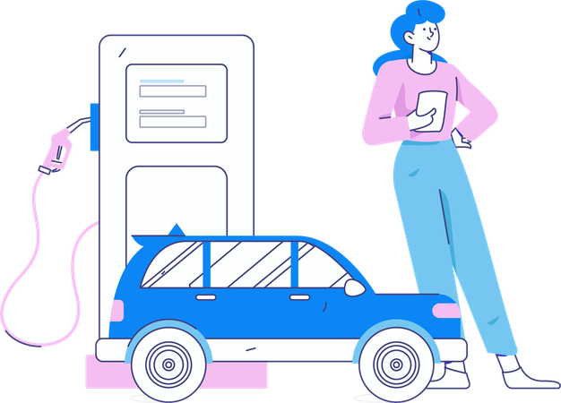 Une femme paie sa facture de carte de crédit à une pompe à essence  Illustration