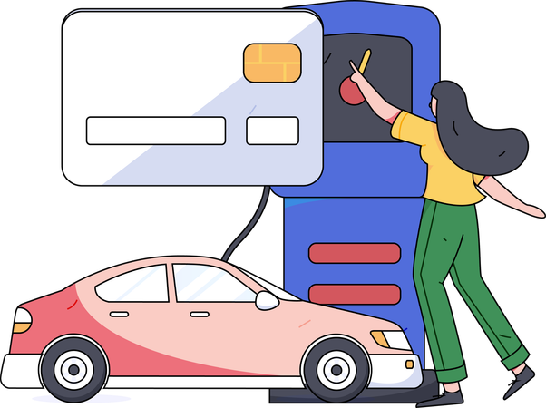 Une femme paie sa facture de carte de crédit à une pompe à essence  Illustration