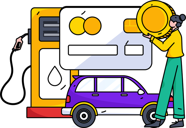 Une femme paie une pièce de yen pour faire le plein de sa voiture  Illustration