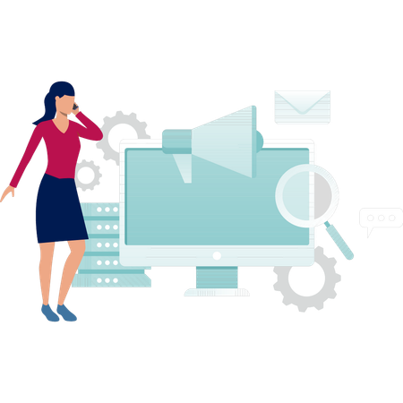 Une femme parle de marketing lors d'un appel téléphonique  Illustration