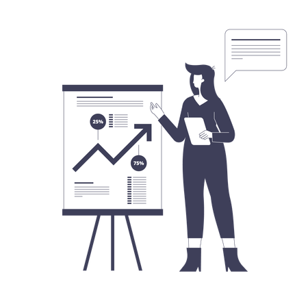 Une femme parle lors d'une réunion d'affaires et montre une présentation avec une analyse des données sur la croissance de l'entreprise  Illustration