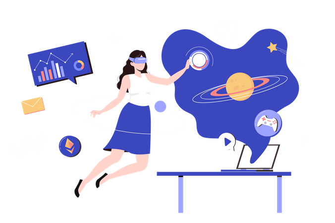 Une femme portant des lunettes VR interagit avec des objets virtuels dans une simulation de réalité augmentée, pl  Illustration