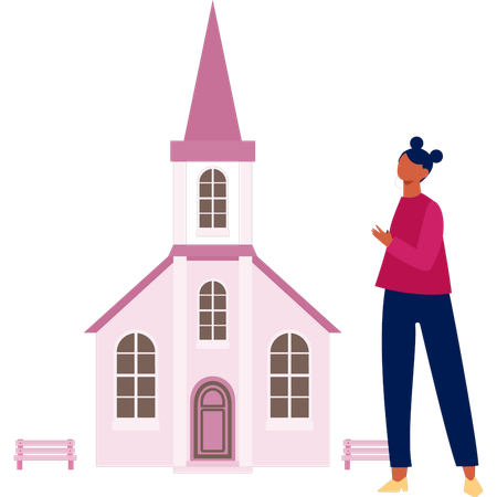 Une femme présente un bâtiment d'église  Illustration