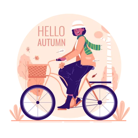 Une femme faisant du vélo dans le parc en automne  Illustration