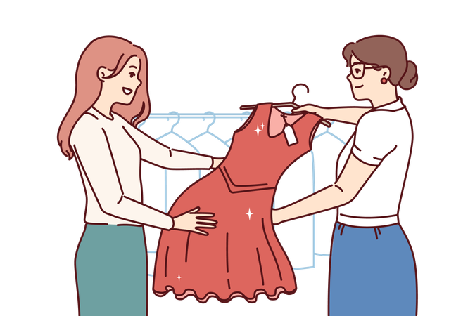 Une femme ramasse une robe de pressing  Illustration