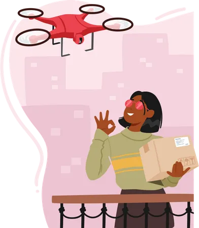 Une femme reçoit un colis via un service de livraison par drone  Illustration