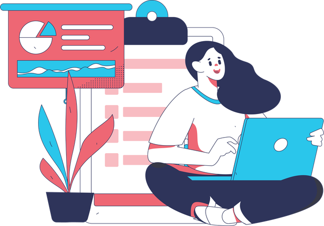 Une femme remplit un formulaire de questionnaire en ligne  Illustration