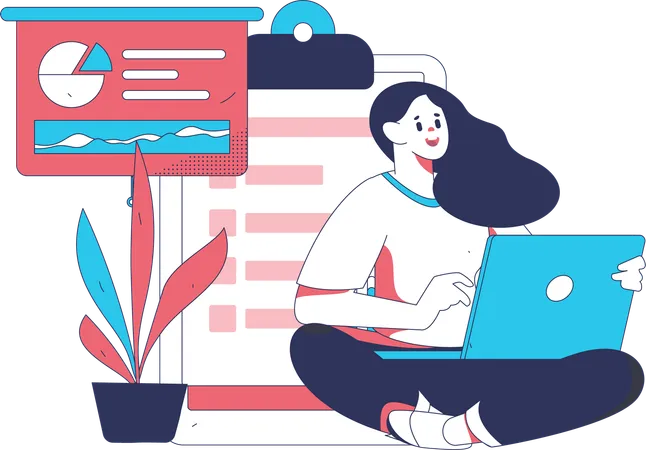 Une femme remplit un formulaire de questionnaire en ligne  Illustration