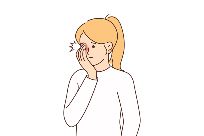 Une femme ressent une douleur dans les yeux couvrant la pupille rougie avec la main et a besoin de l'aide d'un ophtalmologiste  Illustration