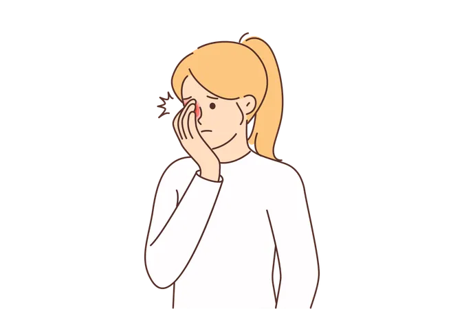 Une femme ressent une douleur dans les yeux couvrant la pupille rougie avec la main et a besoin de l'aide d'un ophtalmologiste  Illustration
