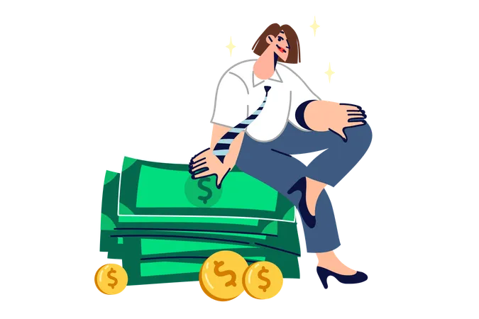 Une femme riche est assise sur une pile d'argent gagné en affaires et réfléchit à l'endroit où investir de l'argent  Illustration