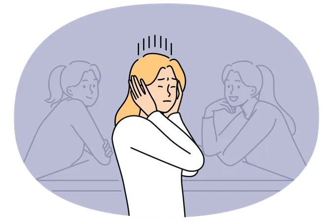 Une femme se bouche les oreilles en refusant d'écouter les déclarations de collègues toxiques et en ignorant les critiques  Illustration