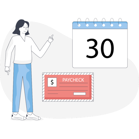 Une femme se tient à côté d'un calendrier affichant un compte à rebours de 30 jours indiquant un événement ou une échéance à venir  Illustration