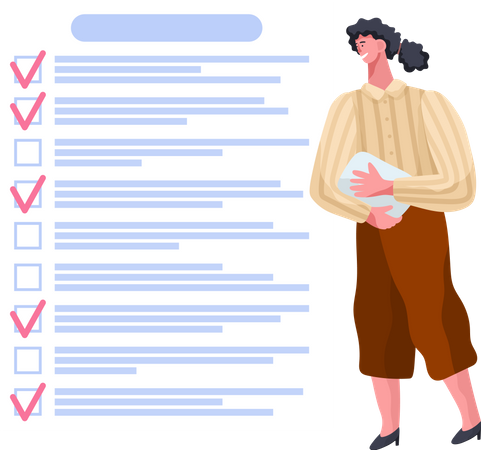 Une femme se tient près de la liste des choses à faire et du calendrier de planification  Illustration