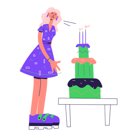 Une femme souffle les bougies sur le gâteau  Illustration