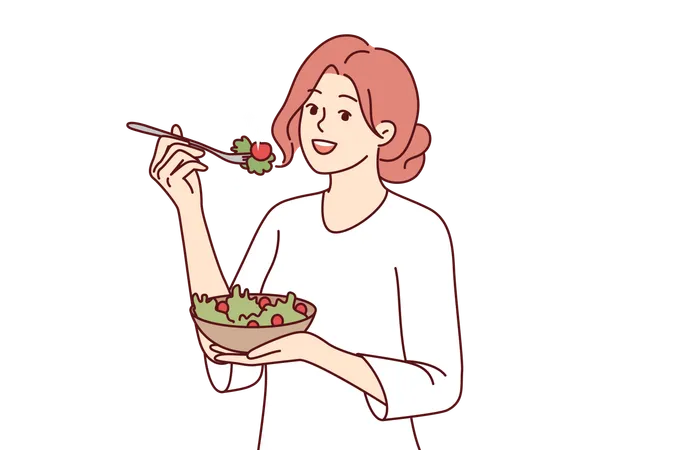 Une femme suit son régime en mangeant de la salade d'algues vertes pour se débarrasser des maladies et mener une vie saine  Illustration