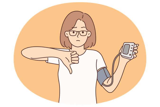 Une femme tenant un tonomètre pour vérifier sa santé cardiovasculaire et ses maladies cardiaques montre son pouce vers le bas  Illustration
