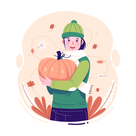 Une femme tenant une citrouille en automne  Illustration