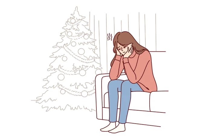 Une femme tendue est assise sur un canapé près de l'arbre de Noël  Illustration