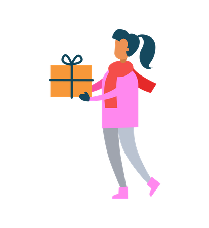 Une femme tient une boîte à cadeaux dans les mains  Illustration