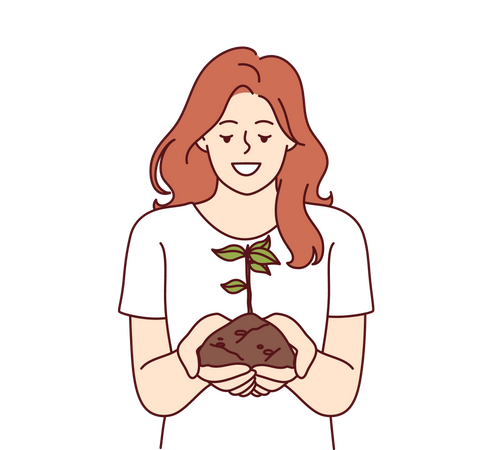 Une femme tient une poignée de terre avec une plante pour sensibiliser les gens aux problèmes d'écologie et de pollution  Illustration