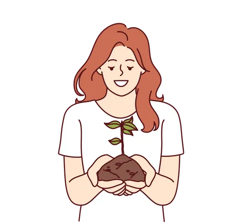 Une femme tient une poignée de terre avec une plante pour sensibiliser les gens aux problèmes d'écologie et de pollution  Illustration
