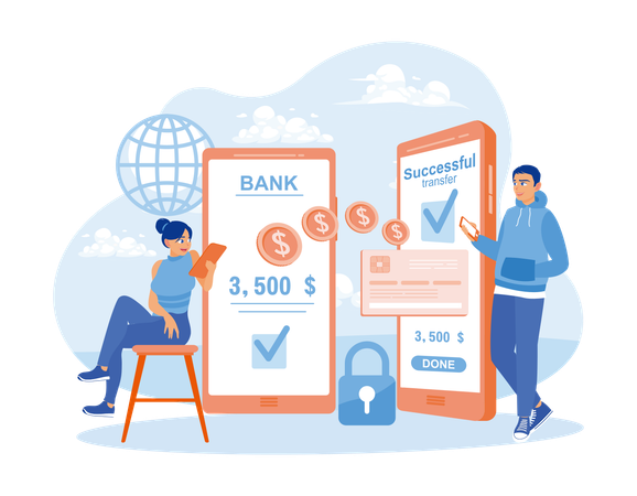 Une femme transfère de l'argent sur un compte numérique en utilisant des services bancaires en ligne  Illustration