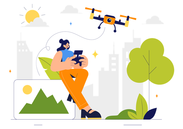 Une femme utilise un drone pour prendre des photos et des vidéos aériennes d'en haut  Illustration