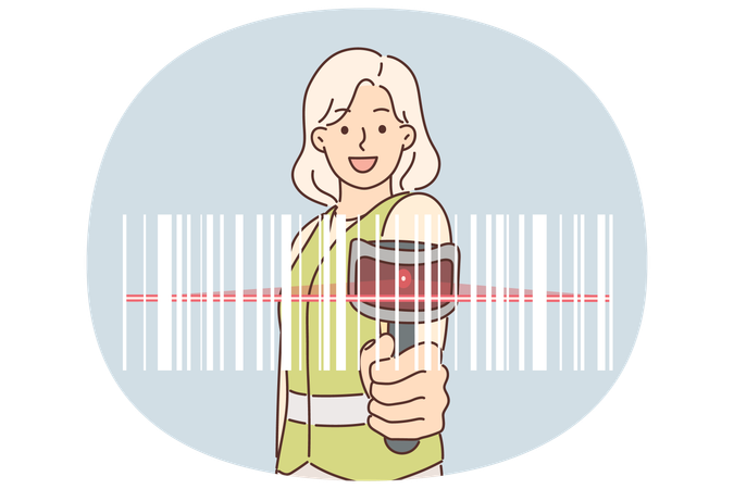 Une femme utilise un lecteur de codes-barres pour suivre les marchandises stockées ou transportées à travers l'entrepôt  Illustration