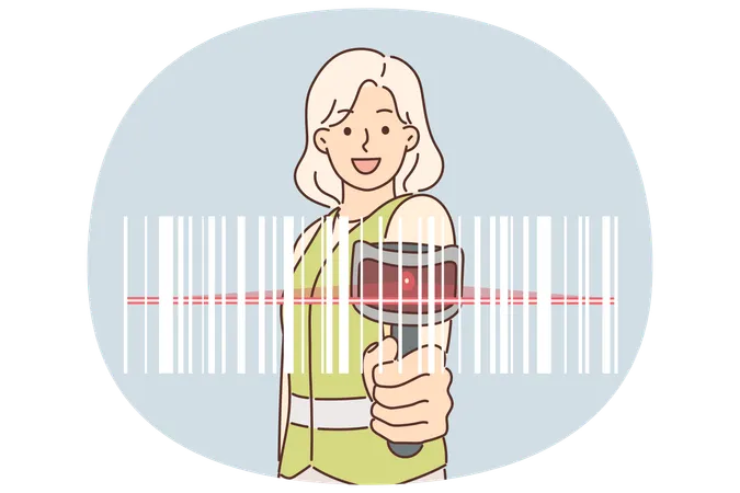 Une femme utilise un lecteur de codes-barres pour suivre les marchandises stockées ou transportées à travers l'entrepôt  Illustration