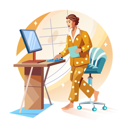 Une femme utilise un écran de travail à la maison  Illustration