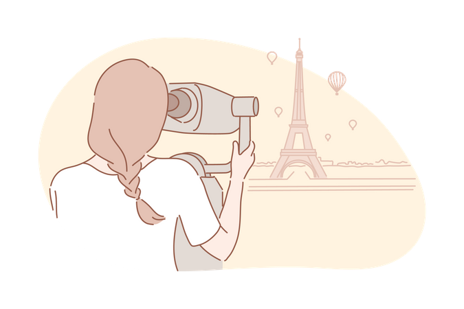 Une voyageuse aventureuse regarde la tour Eiffel.  Illustration