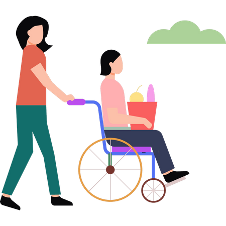 Une fille aidant une femme handicapée  Illustration