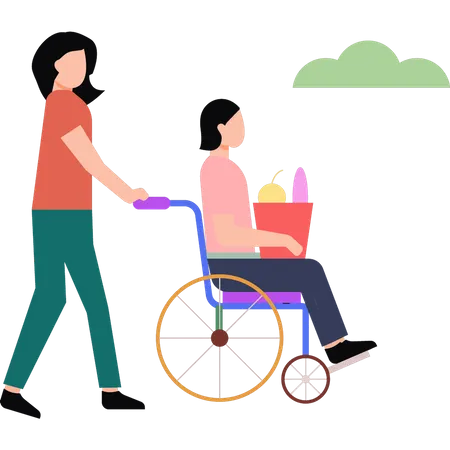 Une fille aidant une femme handicapée  Illustration