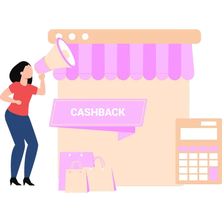 Une fille annonce un cashback via un mégaphone  Illustration