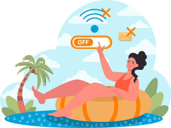 Une fille déconnecte toute sa connexion Internet en vacances  Illustration