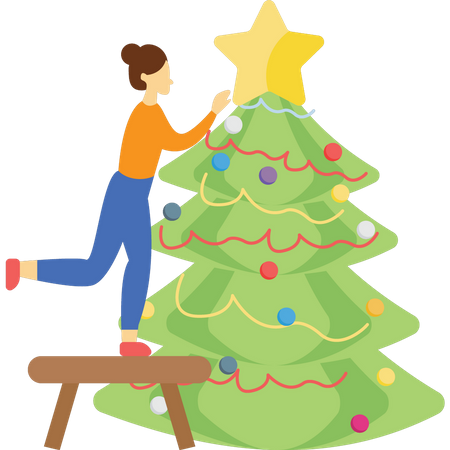 La fille décore le sapin de Noël  Illustration