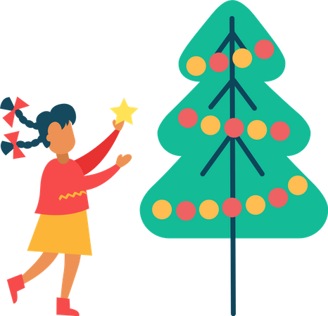 Une fille décore un arbre du Nouvel An en mettant une étoile dessus  Illustration