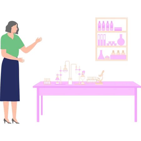 Une fille est debout dans le laboratoire scientifique  Illustration