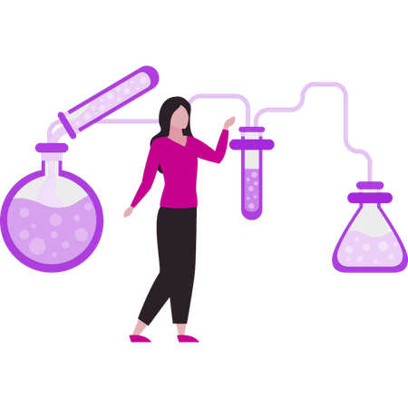 Une fille est debout dans un laboratoire de chimie  Illustration