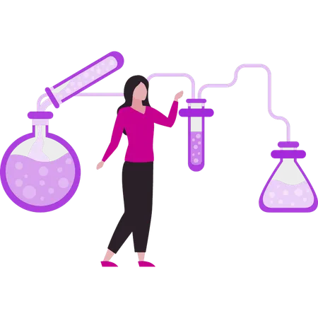 Une fille est debout dans un laboratoire de chimie  Illustration