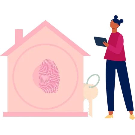 Une fille installe un verrou biométrique sur une maison  Illustration