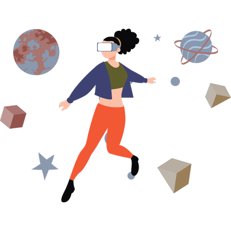 Une fille joue à un jeu d'astronomie virtuelle en VR  Illustration