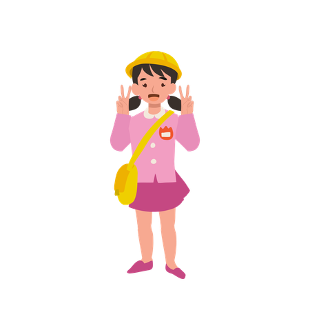 Une fille de maternelle joyeuse en uniforme lève joyeusement les mains avec enthousiasme, capturant l'essence du bonheur de l'enfance et de l'esprit scolaire  Illustration