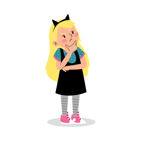 Une jolie fille confuse tient son menton et réfléchit au problème  Illustration
