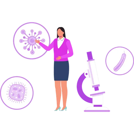 La fille montre le virus au microscope  Illustration